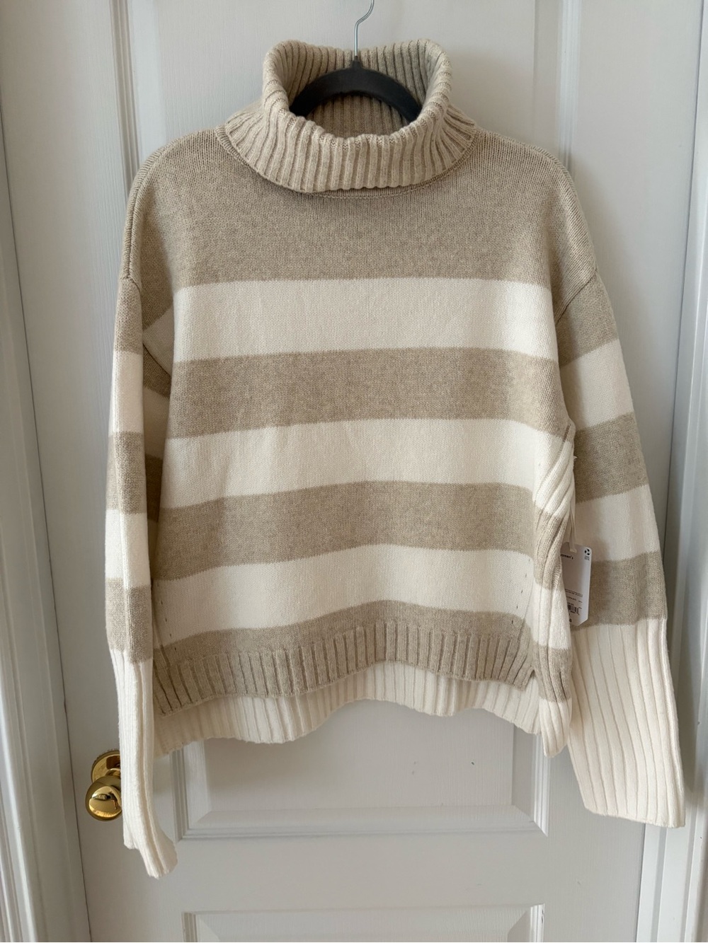STYLUS Beige and Cream Striped Cowl Neck Sweater